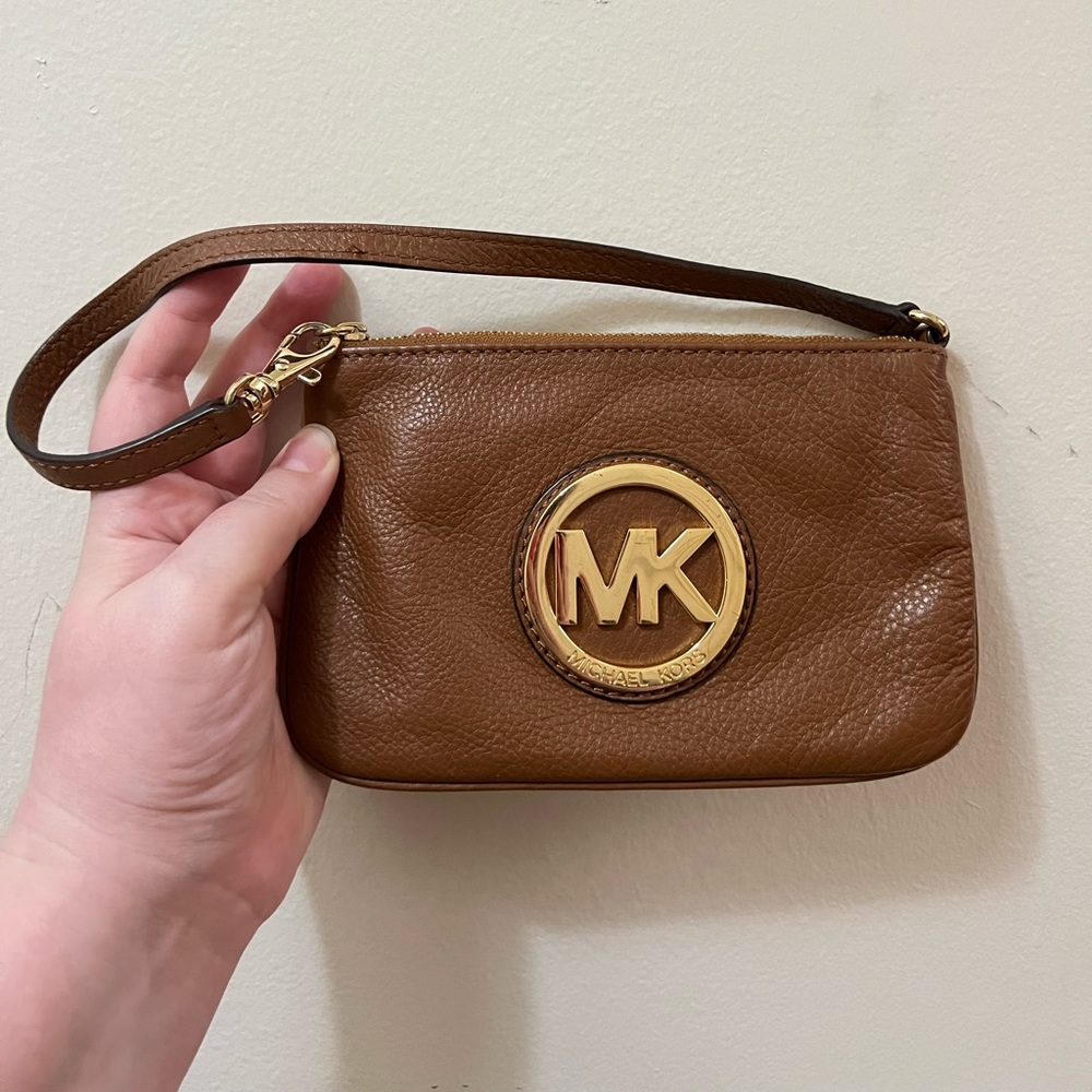 Michael Kors MK Gold Logo Tan Wristlet